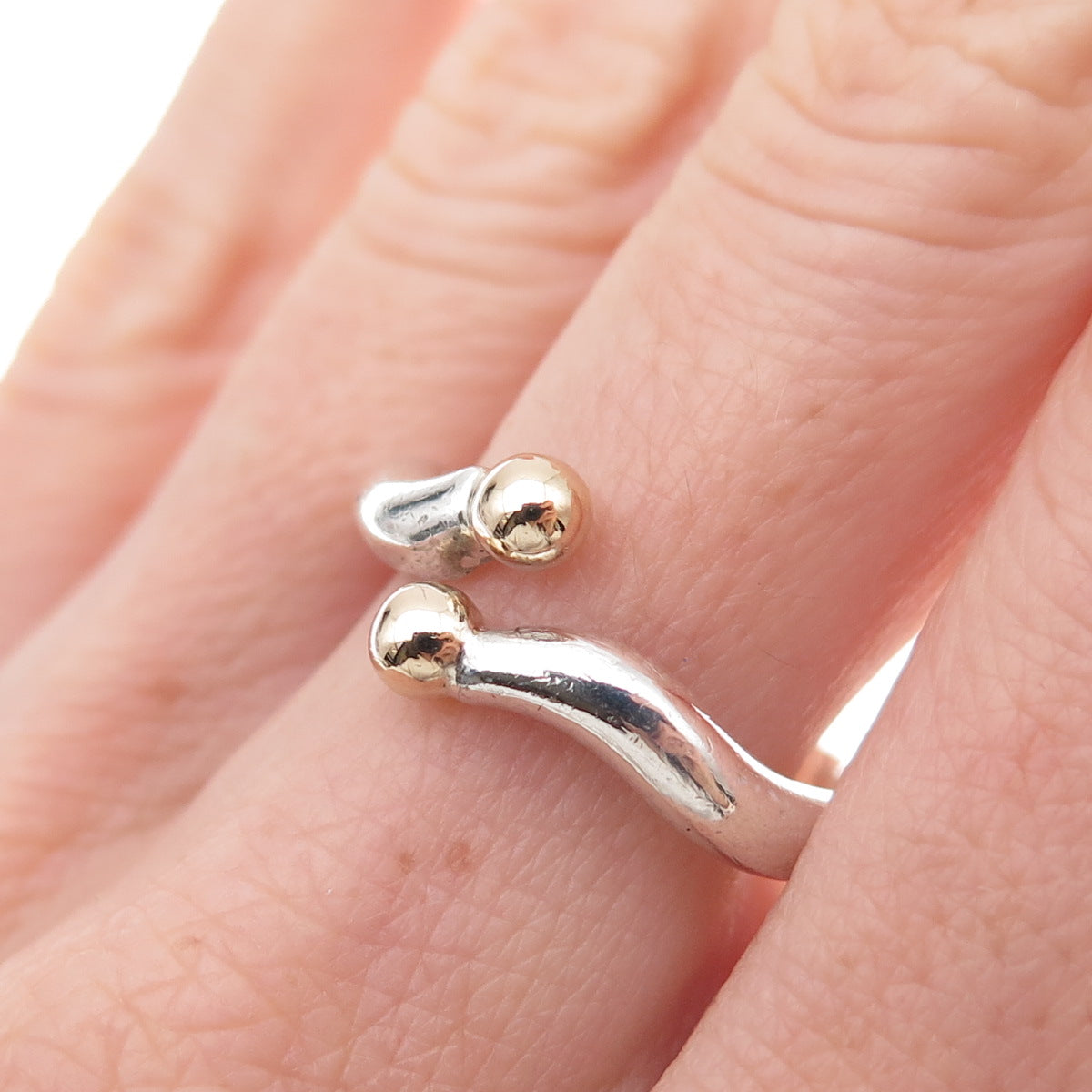 925 Sterling Silver 14K Gold Vintage Modernist Adjustable Ring Size 8.75
