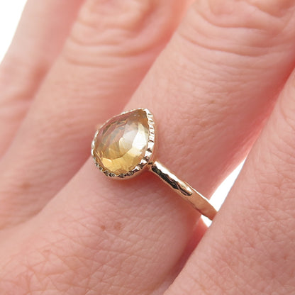 925 Sterling Silver Gold Plated Real Pear-Cut Citrine Ring Size 8.5