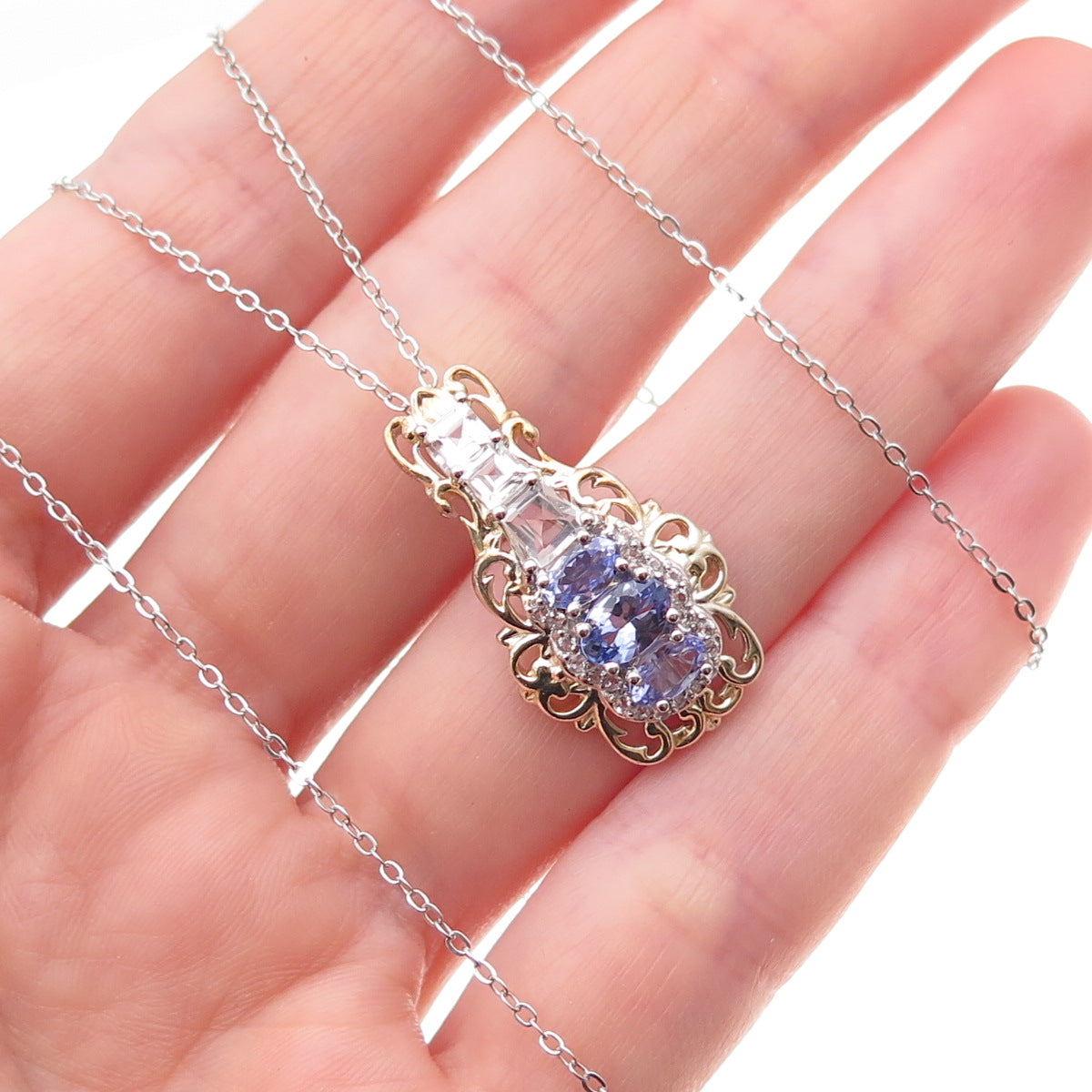 Chuck Clemency Sterling 2-Tone Real Tanzanite & White Topaz Chain Necklace 20"