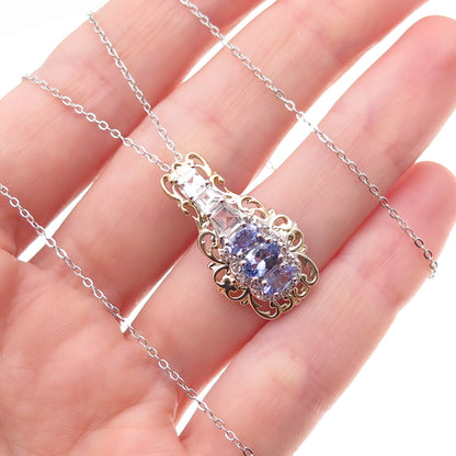 Chuck Clemency Sterling 2-Tone Real Tanzanite & White Topaz Chain Necklace 20"