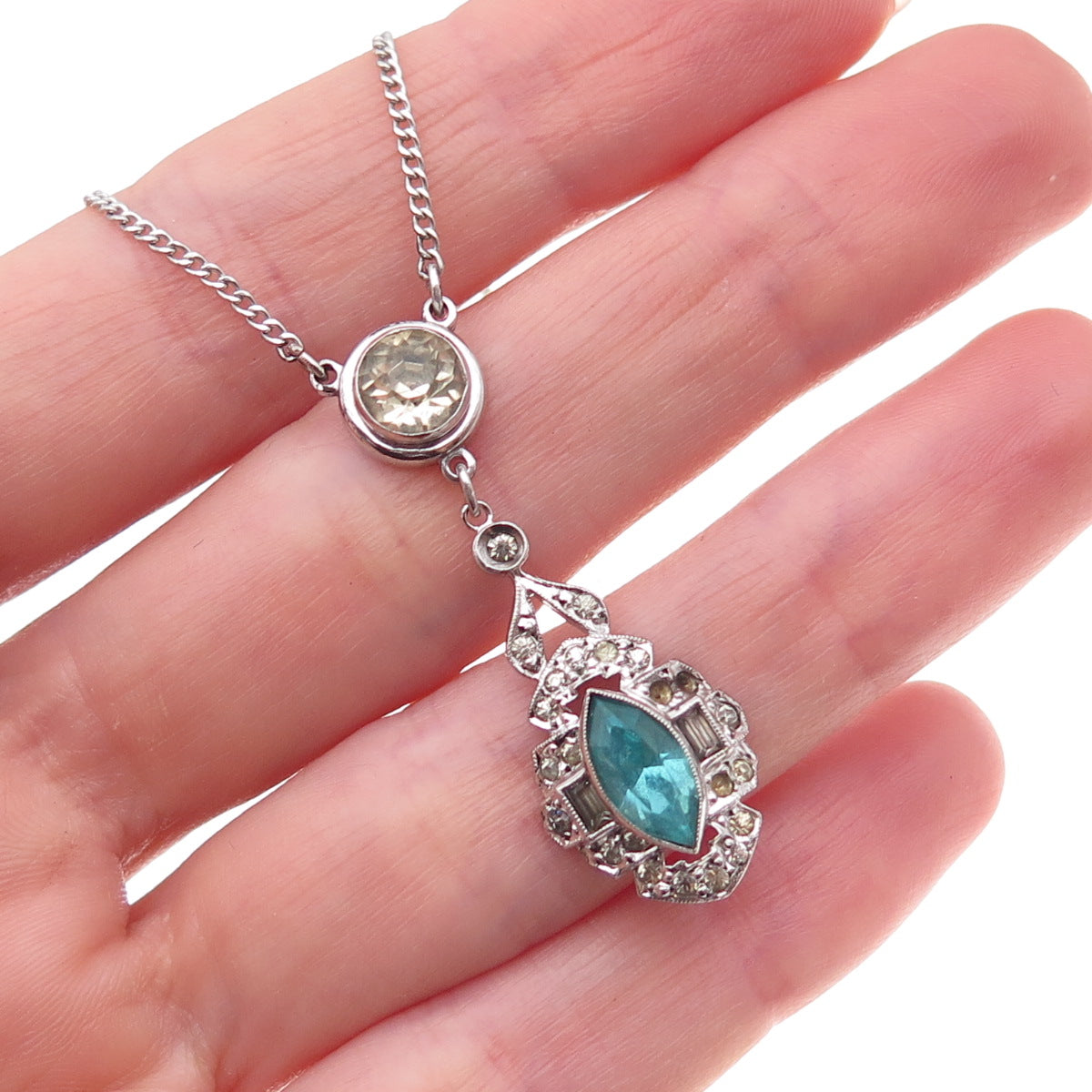 925 Sterling Silver Antique Art Deco Rhinestone Necklace 14" (missing lock)