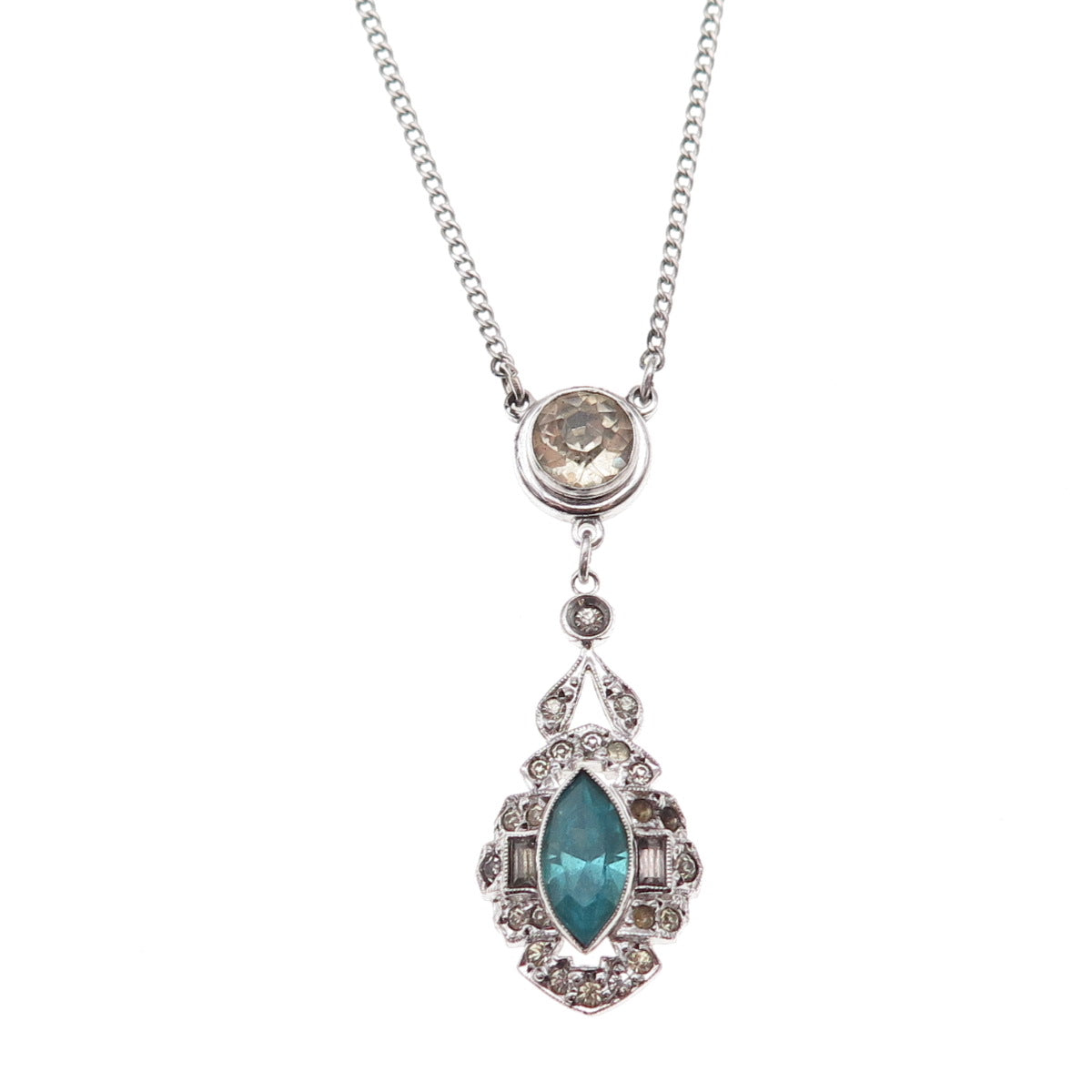 925 Sterling Silver Antique Art Deco Rhinestone Necklace 14" (missing lock)