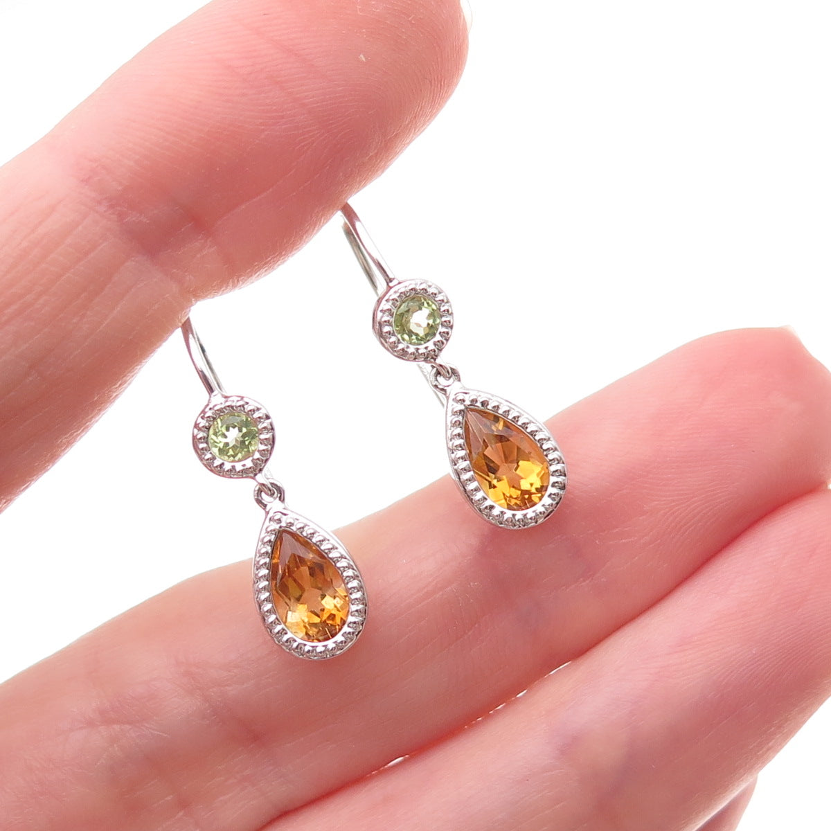925 Sterling Silver Mexico Real Citrine & Peridot Dangle Earrings