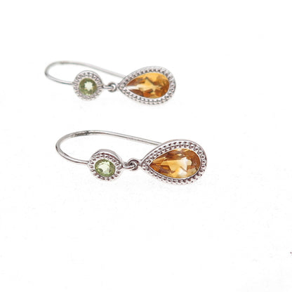 925 Sterling Silver Mexico Real Citrine & Peridot Dangle Earrings