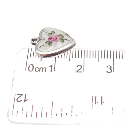 925 Sterling Silver Antique Art Deco Enamel Rose Heart Chatelaine Charm Pendant
