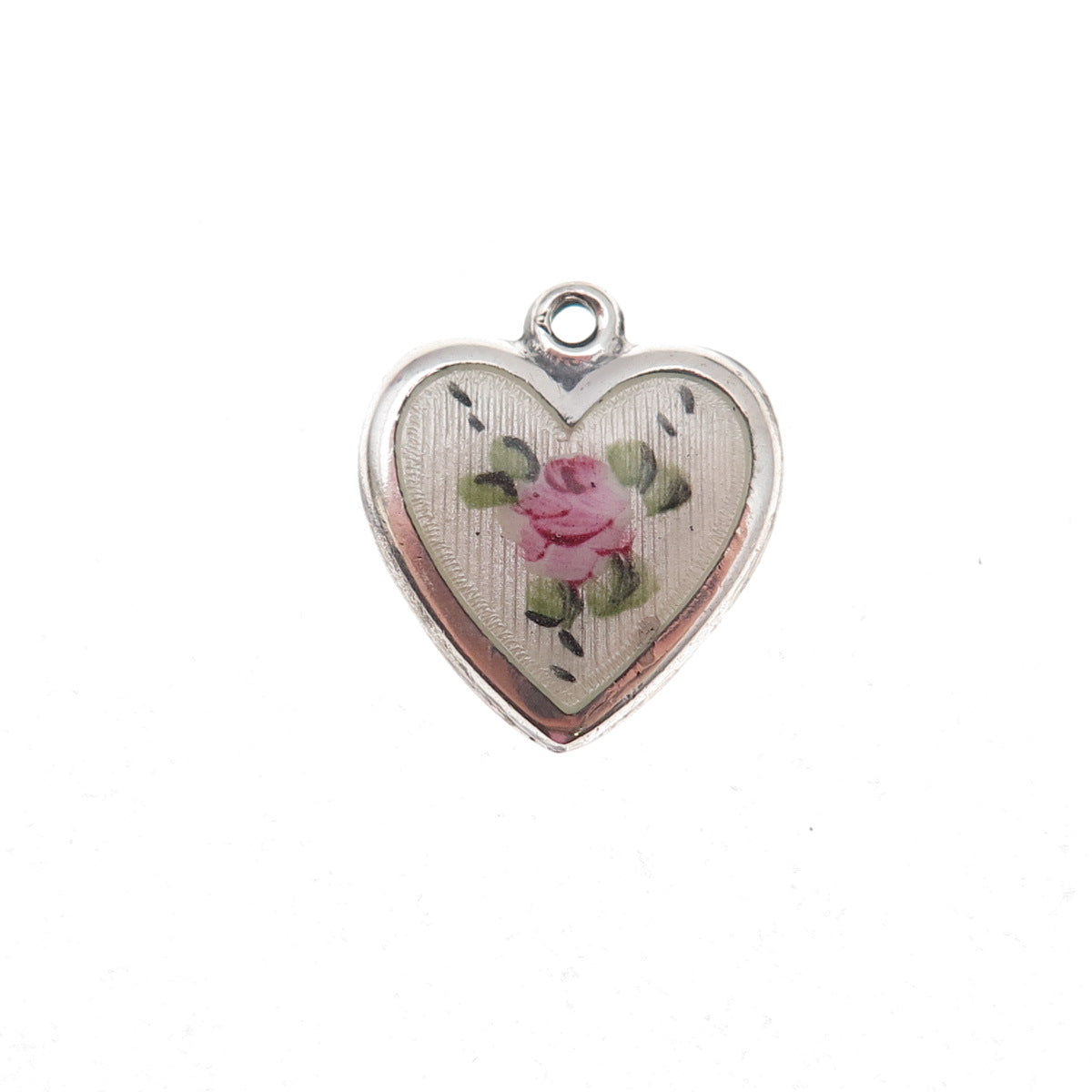 925 Sterling Silver Antique Art Deco Enamel Rose Heart Chatelaine Charm Pendant