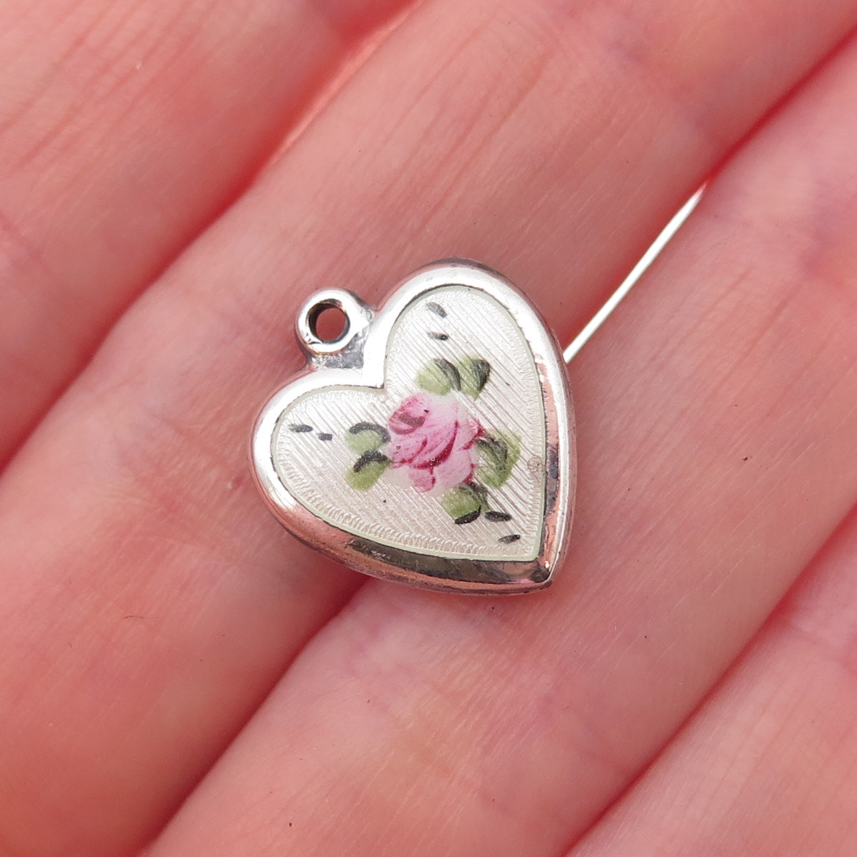 925 Sterling Silver Antique Art Deco Enamel Rose Heart Chatelaine Charm Pendant