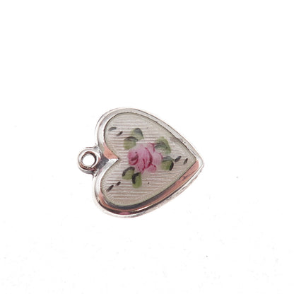 925 Sterling Silver Antique Art Deco Enamel Rose Heart Chatelaine Charm Pendant