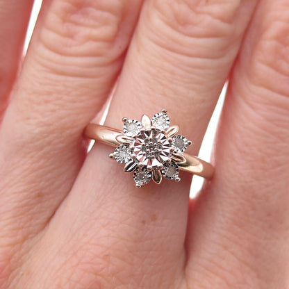 Sun 925 Sterling Silver Gold Plated Real Round-Cut Diamond Floral Ring Size 7