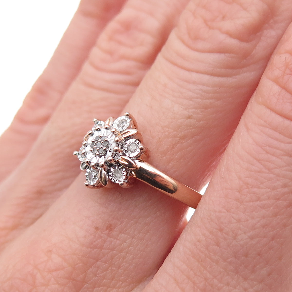 Sun 925 Sterling Silver Gold Plated Real Round-Cut Diamond Floral Ring Size 7