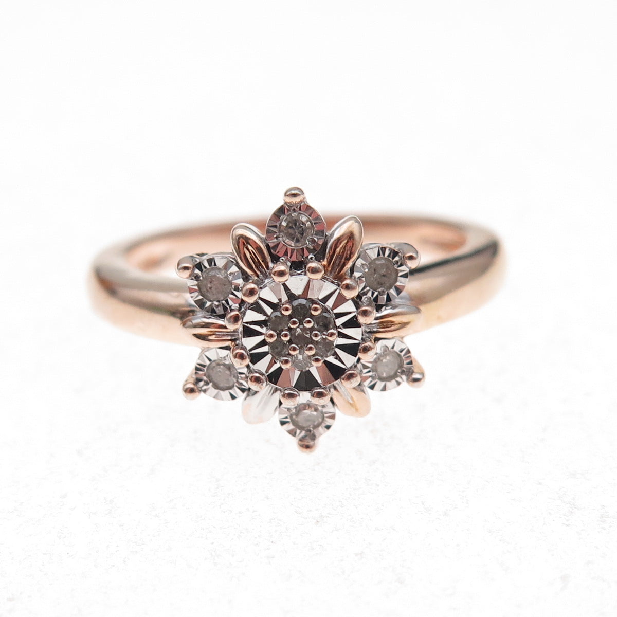 Sun 925 Sterling Silver Gold Plated Real Round-Cut Diamond Floral Ring Size 7