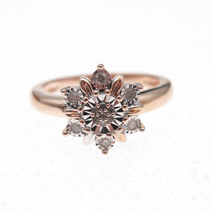 Sun 925 Sterling Silver Gold Plated Real Round-Cut Diamond Floral Ring Size 7