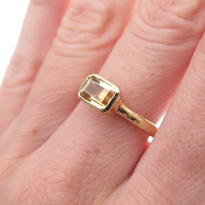 925 Sterling Silver Gold Plated Real Emerald-Cut Citrine Ring Size 8