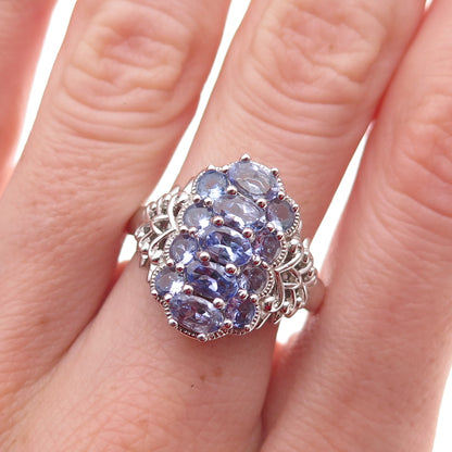 925 Sterling Silver Real Oval & Round-Cut Tanzanite Ring Size 8.25
