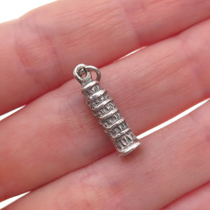 800 Silver Antique Art Deco Leaning Tower of Pisa Oxidized 3D Charm Pendant