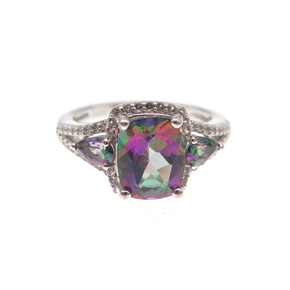 925 Sterling Silver Real Mystic & White Topaz Ring Size 7