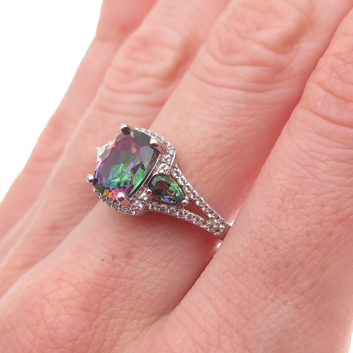 925 Sterling Silver Real Mystic & White Topaz Ring Size 7