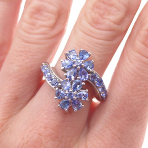 Chuck Clemency 925 Sterling Silver Real Tanzanite Floral Bypass Ring Size 8.25