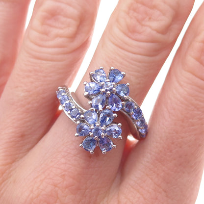 Chuck Clemency 925 Sterling Silver Real Tanzanite Floral Bypass Ring Size 8.25