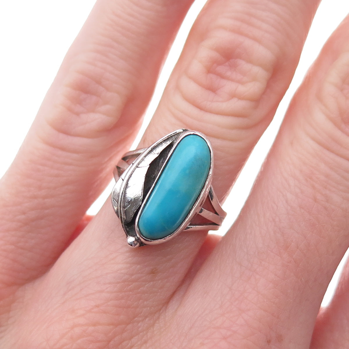 Old Pawn Sterling Silver Vintage Southwestern Turquoise Feather Ring Size 4.5