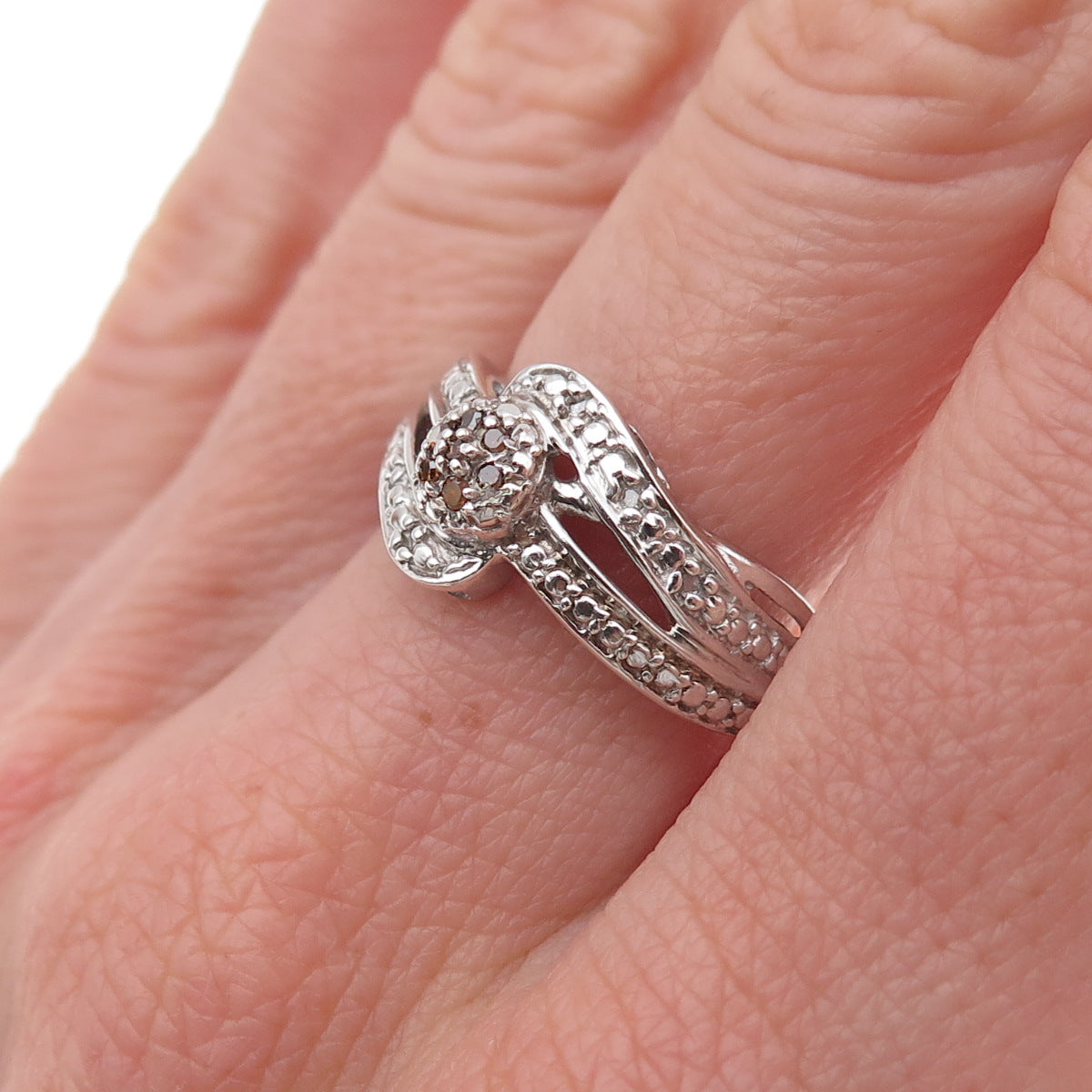 Chuck Clemency 925 Sterling Silver Real Cognac & White Diamond Ring Size 8.25