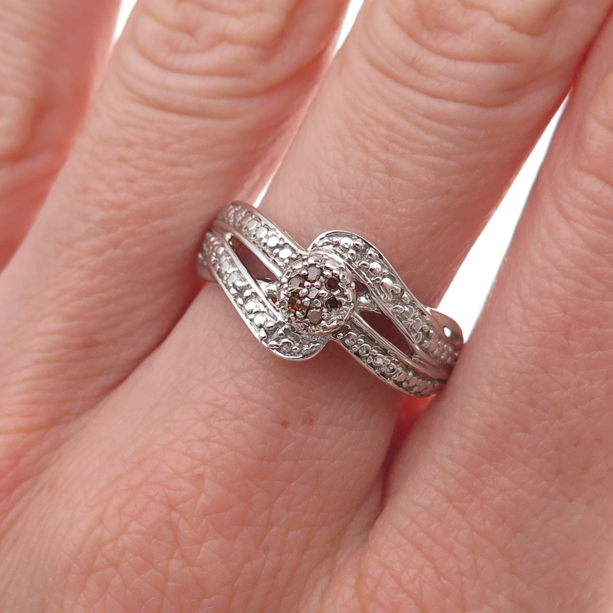 Chuck Clemency 925 Sterling Silver Real Cognac & White Diamond Ring Size 8.25