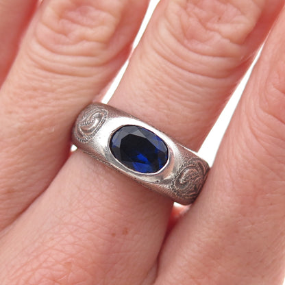 925 Sterling Silver Antique Art Deco Real Sapphire Floral Oxidized Ring Size 7.5