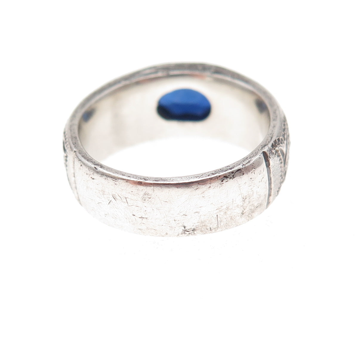 925 Sterling Silver Antique Art Deco Real Sapphire Floral Oxidized Ring Size 7.5