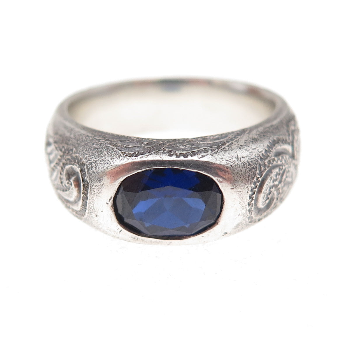 925 Sterling Silver Antique Art Deco Real Sapphire Floral Oxidized Ring Size 7.5