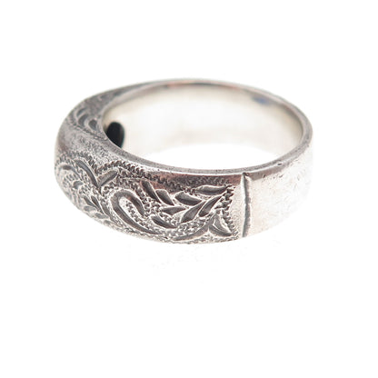 925 Sterling Silver Antique Art Deco Real Sapphire Floral Oxidized Ring Size 7.5