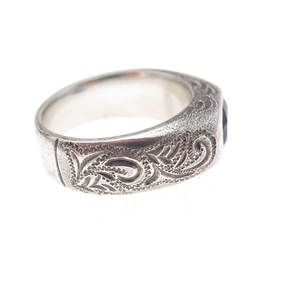 925 Sterling Silver Antique Art Deco Real Sapphire Floral Oxidized Ring Size 7.5