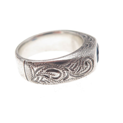 925 Sterling Silver Antique Art Deco Real Sapphire Floral Oxidized Ring Size 7.5