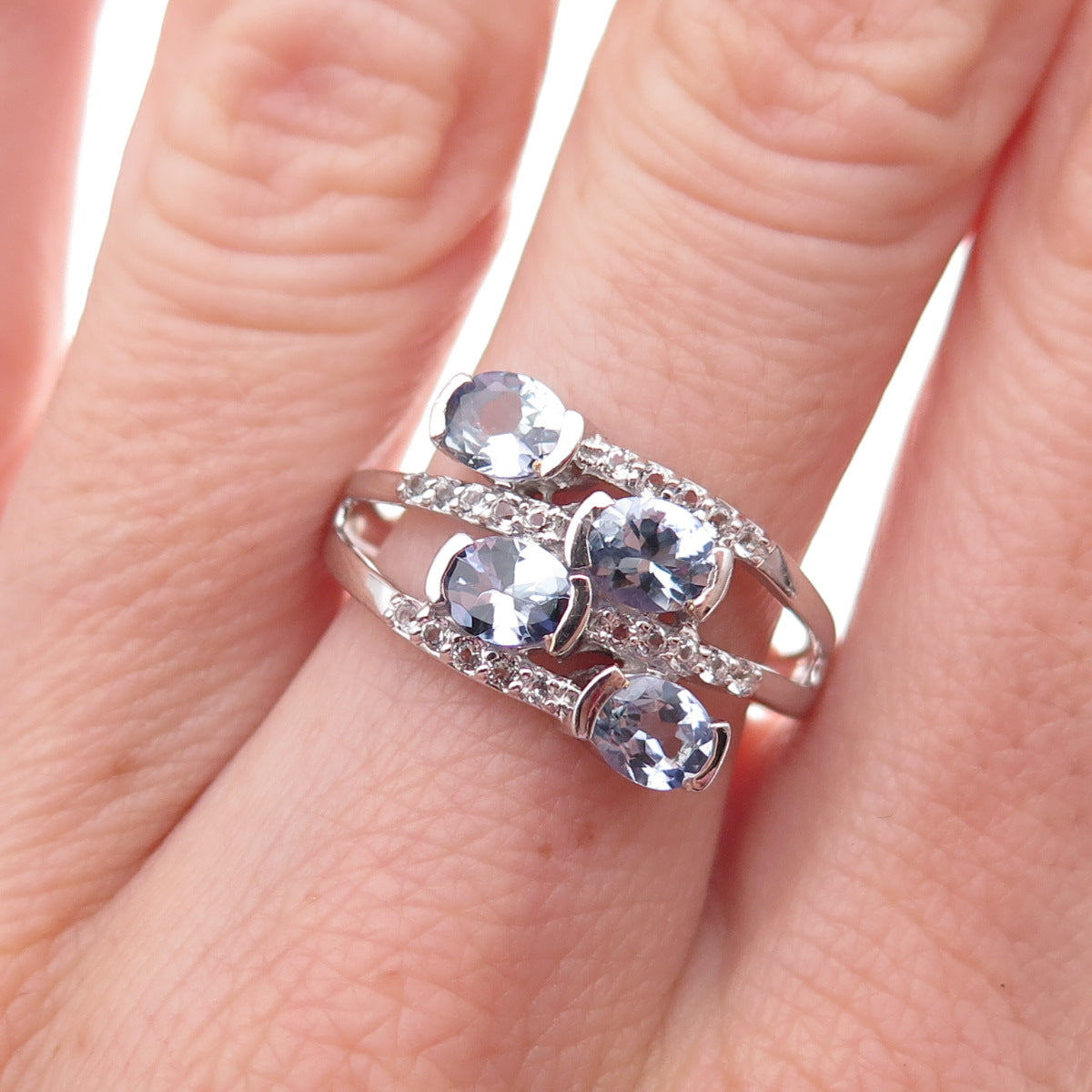 925 Sterling Silver Real Tanzanite & White Topaz Bypass Ring Size 8
