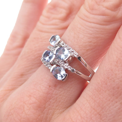 925 Sterling Silver Real Tanzanite & White Topaz Bypass Ring Size 8
