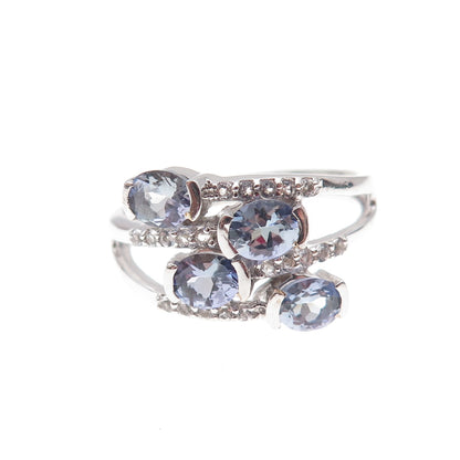925 Sterling Silver Real Tanzanite & White Topaz Bypass Ring Size 8