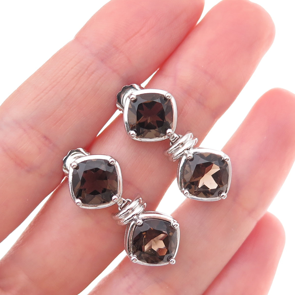 Atelier 925 Sterling Silver Real Cushion-Cut Smoky Quartz Dangle Earrings