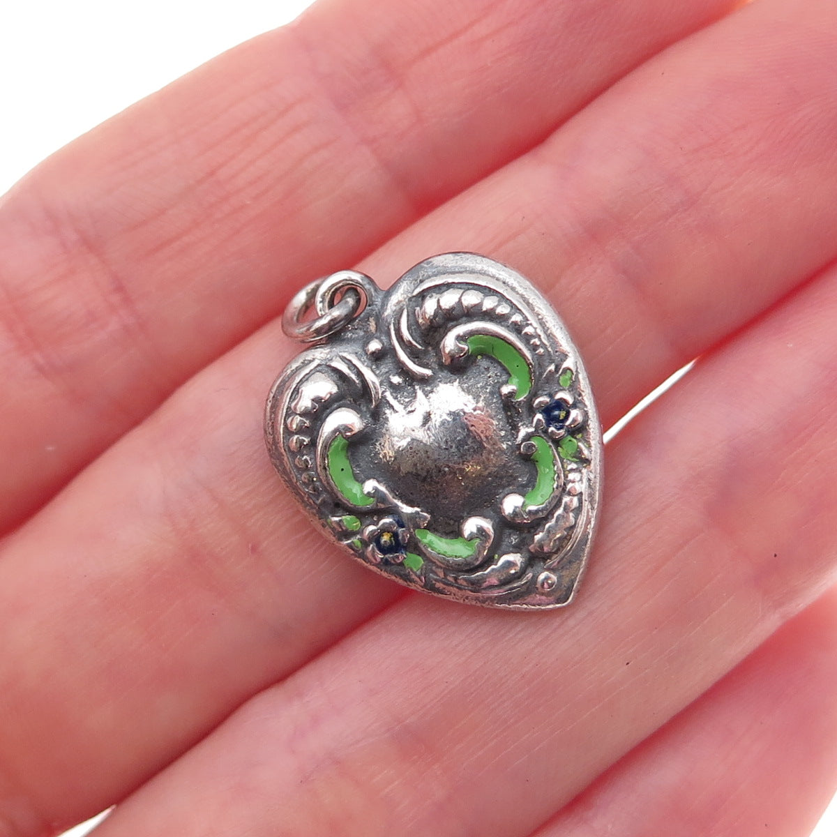 925 Sterling Silver Antique Art Deco Enamel Heart Chatelaine Charm Pendant