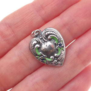 925 Sterling Silver Antique Art Deco Enamel Heart Chatelaine Charm Pendant