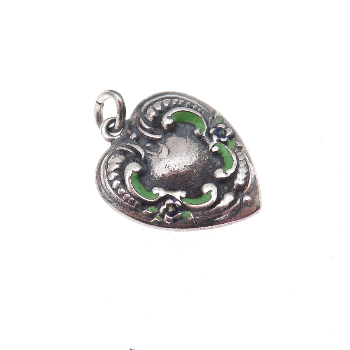 925 Sterling Silver Antique Art Deco Enamel Heart Chatelaine Charm Pendant