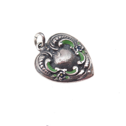 925 Sterling Silver Antique Art Deco Enamel Heart Chatelaine Charm Pendant