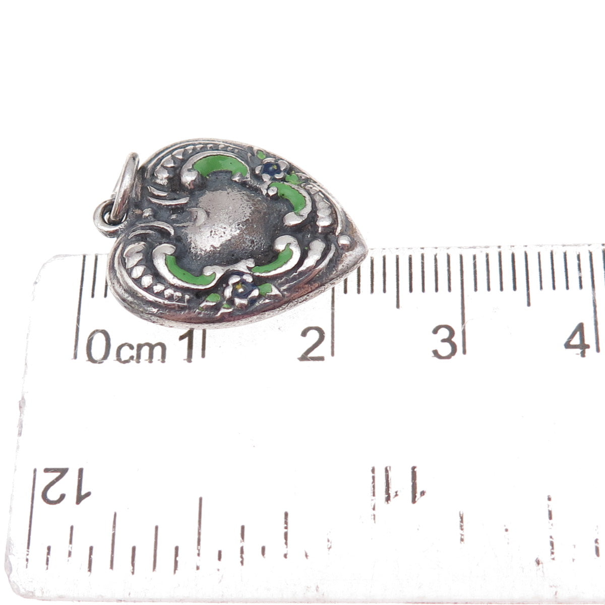 925 Sterling Silver Antique Art Deco Enamel Heart Chatelaine Charm Pendant