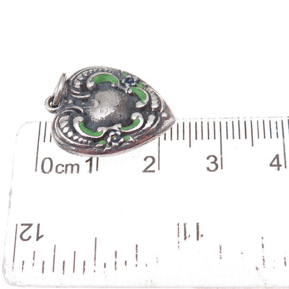925 Sterling Silver Antique Art Deco Enamel Heart Chatelaine Charm Pendant