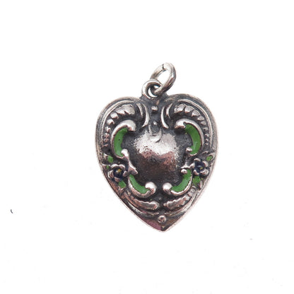 925 Sterling Silver Antique Art Deco Enamel Heart Chatelaine Charm Pendant