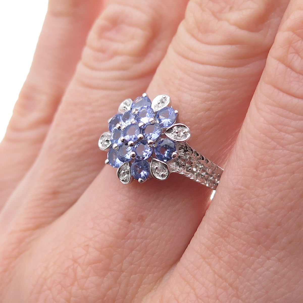 925 Sterling Silver Real Round-Cut Tanzanite & White Topaz Ring Size 7.5