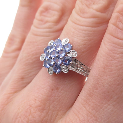 925 Sterling Silver Real Round-Cut Tanzanite & White Topaz Ring Size 7.5