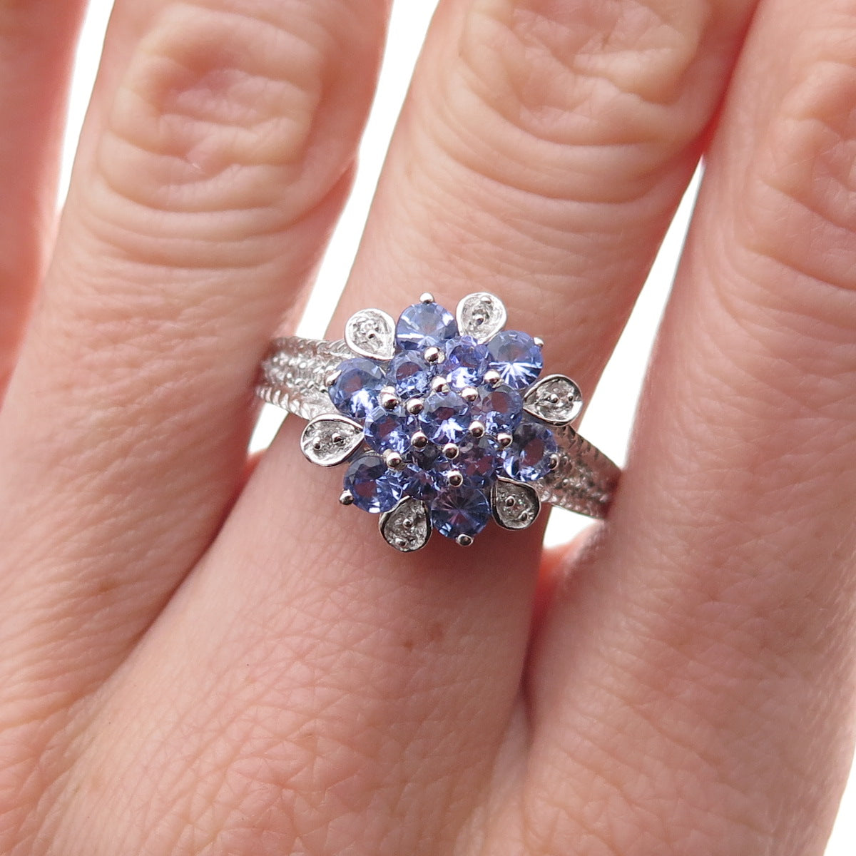 925 Sterling Silver Real Round-Cut Tanzanite & White Topaz Ring Size 7.5