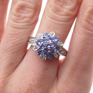 925 Sterling Silver Real Round-Cut Tanzanite & White Topaz Ring Size 7.5