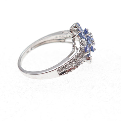 925 Sterling Silver Real Round-Cut Tanzanite & White Topaz Ring Size 7.5