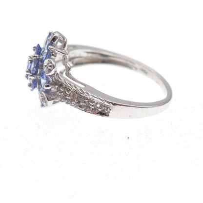 925 Sterling Silver Real Round-Cut Tanzanite & White Topaz Ring Size 7.5