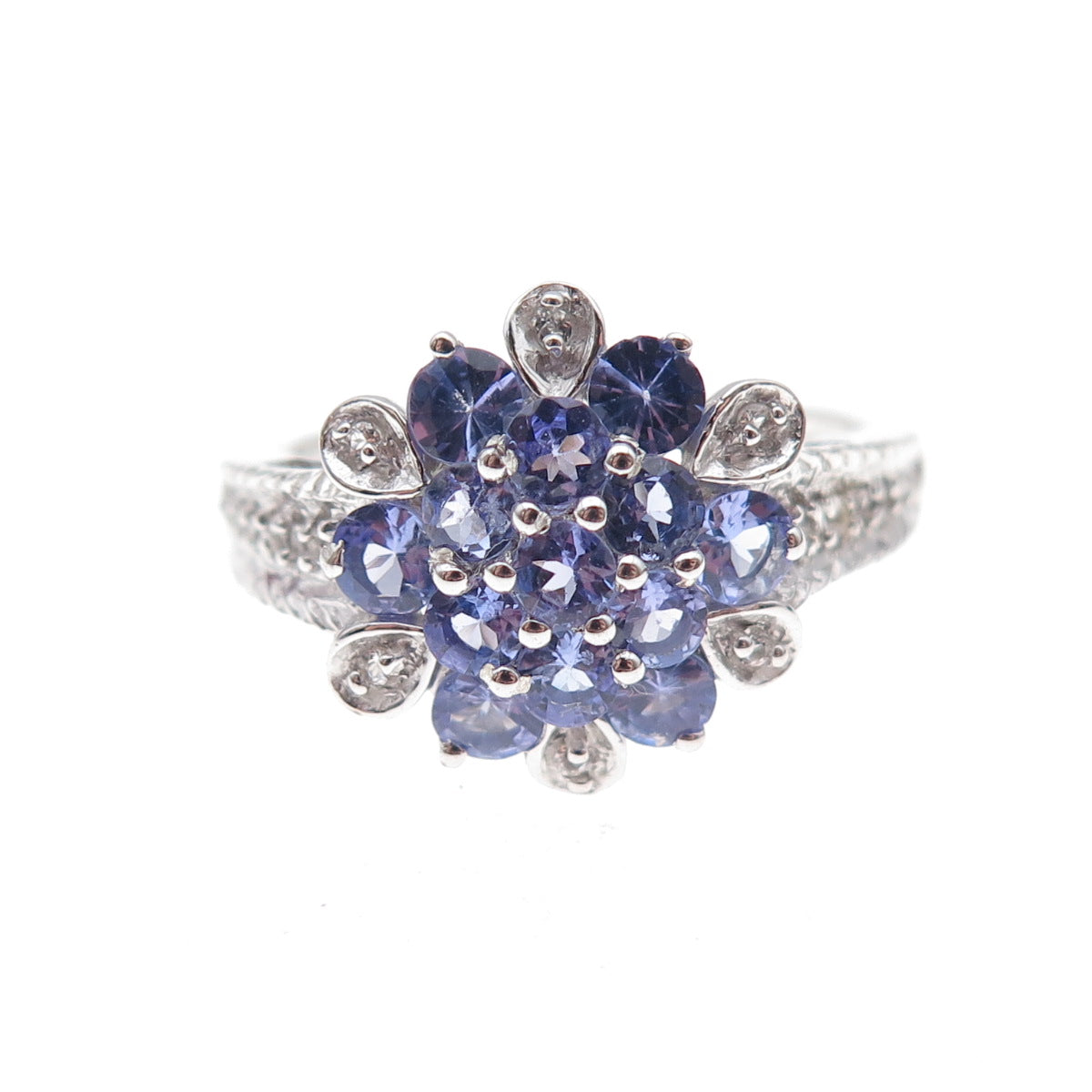 925 Sterling Silver Real Round-Cut Tanzanite & White Topaz Ring Size 7.5